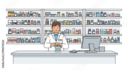 pharmacy, pharmacist, drugstore, medicine, healthcare, vector illustration
