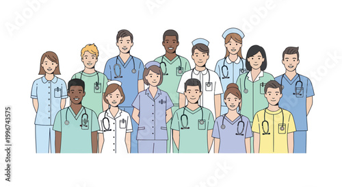 Diverse medical professionals, healthcare workers, doctors, nurses, vector illustrations, medical team, hospital staff