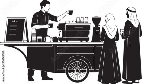 Black and white, coffee cart, Middle Eastern customers, vendor serving drink
