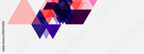 Abstract geometric shapes, triangles, purple, pink hues dominate white background. Modern design elements present.