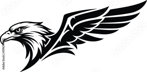 Bald Eagle Mascot Head with Spread Wings Vector Illustration Featuring Fierce Bird of Prey Silhouette for Sports Logos Team Branding Apparel and Patriotic Graphic Designs