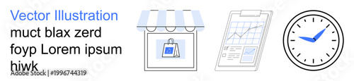 E-commerce, time tracking, data analysis, retail management, business planning, productivity. Storefront, clipboard with graph clock. E-commerce and time tracking concept