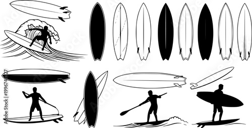 Surfboard vector set, surfing silhouettes, surfboard silhouettes, ords