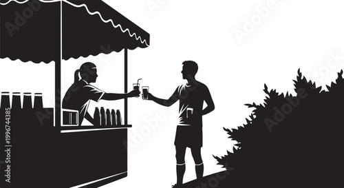 Silhouette illustration, man buying drink, vendor stall, black vector graphic