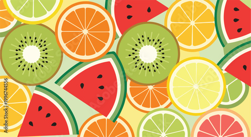 A colorful arrangement of various sliced fruits