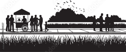 Black silhouette people, outdoor market scene, vendor stall, grassy landscape, vector illustration