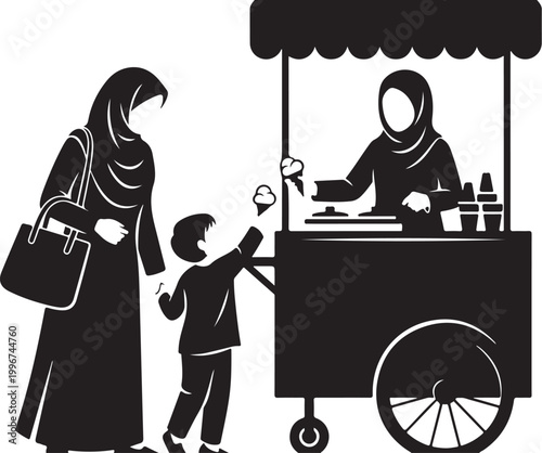 Black, vector illustration of Muslim woman and child buying ice cream, street vendor cart