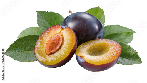 Bild auf Leinwand Whole and halved ripe plums with green leaves, isolated on transparent backgroun
