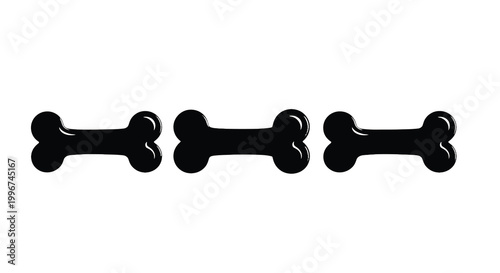 Four black dog bones are arranged in a row against a white background silhouette
