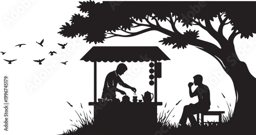 Black silhouette, street food vendor, man sitting, tree, birds, outdoor market scene, vector illustration