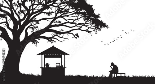 Silhouette of man sitting on bench under tree with gazebo, black outdoor scene, vector landscape, peaceful scenery
