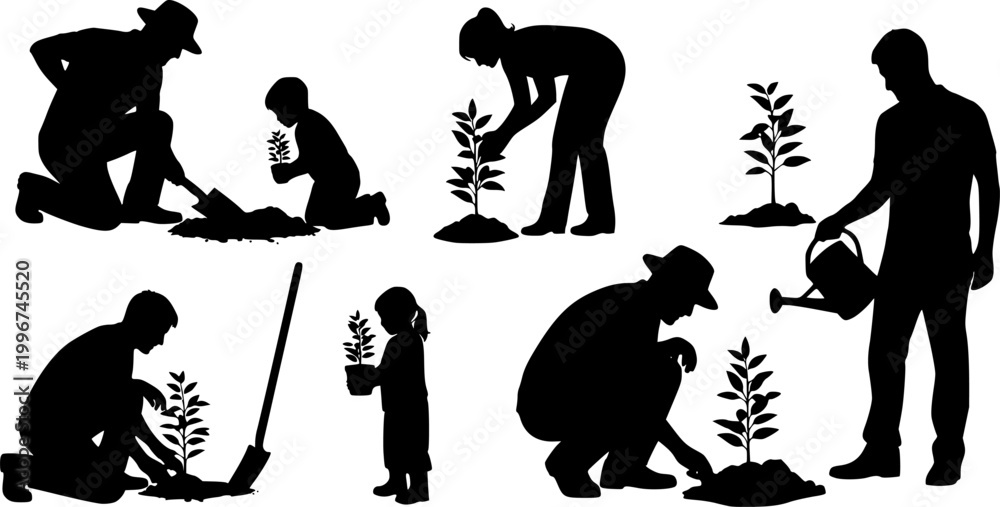 Naklejka premium Silhouette of people planting trees various poses set collection. Family gardening and planting trees outdoor different poses silhouette set.