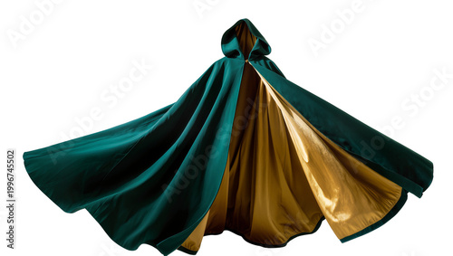 Foto Emerald green hooded cloak with golden lining flowing dramatically, isolated on