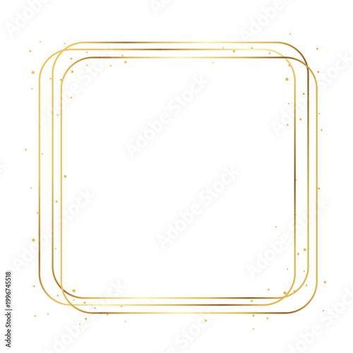 Elegant gold square frame with thin metallic lines and subtle glitter particles. Minimal luxury border design with clean geometric shape and empty center for text or logo. Perfect for wedding invitati