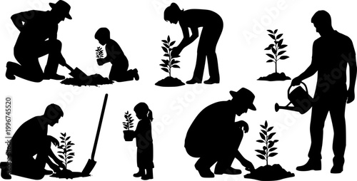 Silhouette of people planting trees various poses set collection. Family gardening and planting trees outdoor different poses silhouette set.
