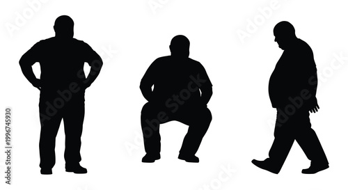 Three men in various poses are depicted as a striking black silhouette