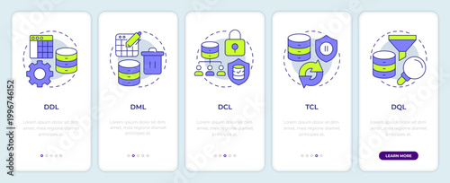 Types of query languages onboarding mobile app screen. Internet privacy. Walkthrough 5 steps editable graphic instructions with linear concepts. UI, UX, GUI. Montserrat SemiBold, Regular fonts used