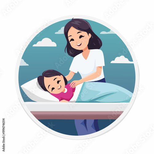 Mother tucking child into bed
