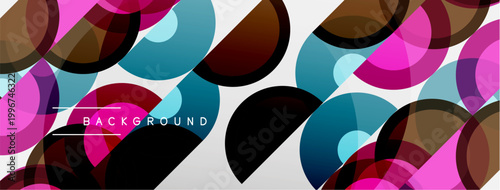 Abstract circles overlap, creating vibrant colorful background. Modern design features pink, brown, teal hues. Simple geometric pattern.