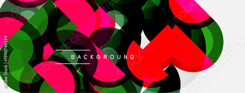 Abstract geometric shapes overlap, creating vibrant colorful background. Pink, green, red hues dominate composition. Modern design element.