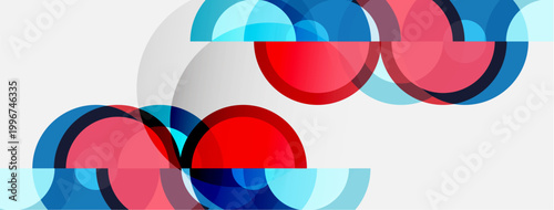 Abstract composition featuring overlapping semicircles. Red, blue hues dominate, creating dynamic visual effect. Minimalist design, clean lines.