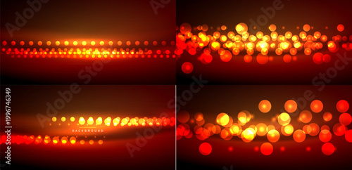 Dark backgrounds feature glowing orange, red circles. Patterns vary from linear to scattered, creating dynamic visual effects. Brightness contrasts sharply with darkness.