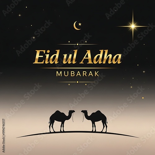 Traditional Islamic greeting card for Eid ul Adha with gold lettering and a peaceful desert scene under the moon
