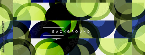Abstract geometric pattern. Overlapping circles create dynamic visual texture. Green, blue, gray hues dominate composition. Modern design element.
