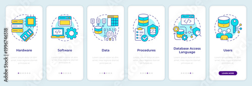 DBMS system modules onboarding mobile app screen. Database protection. Walkthrough 6 steps editable graphic instructions with linear concepts. UI, UX, GUI. Montserrat SemiBold, Regular fonts used