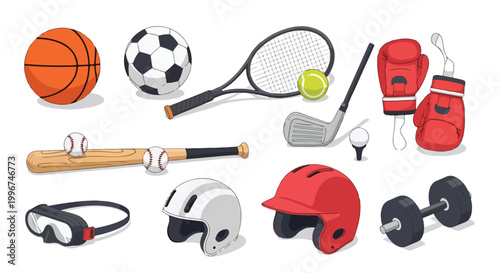 A colorful illustration of various sports equipment