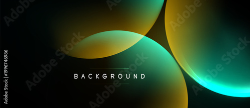 Abstract shapes overlap, creating vibrant gradients. Dark background emphasizes luminous curves, modern design element.