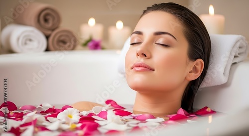 Relaxing bath time a woman enjoying a peaceful moment with rose petals