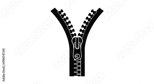 A black zipper is partially open revealing a contrasting white background silhouette