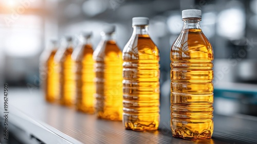 Bottles of cooking oil on a production line in a food processing plant