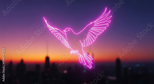 Neon hummingbird soars above cityscape at dusk a vibrant digital art piece