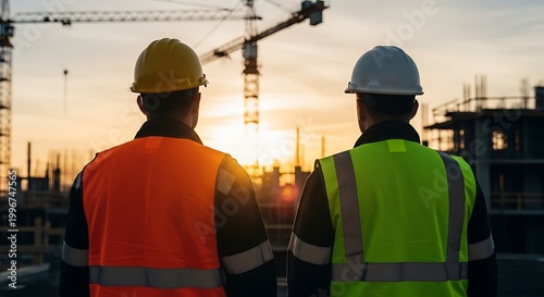 Construction workers silhouetted against a vibrant sunset at a building site