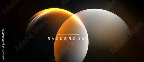 Abstract design features overlapping circles. Warm orange, silver hues create dynamic visual effect. Minimalist style, dark background enhances contrast.
