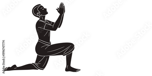 Fotografi Minimalist black and white graphic of a person kneeling in a respectful prayer p