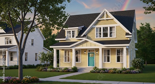 Charming victorian home with vibrant rainbow backdrop suburban dream