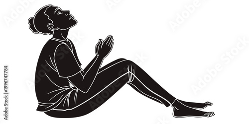 Quadro su tela Black and white line art silhouette of a young person praying or meditating with