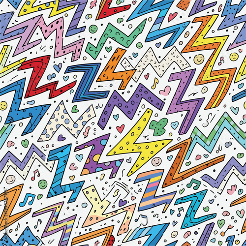 Colorful zig-zag pattern with hearts and notes