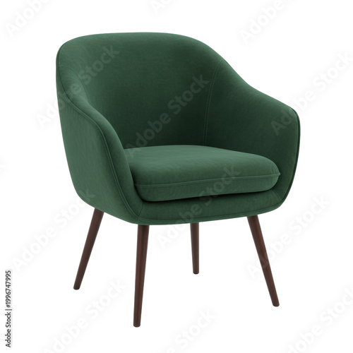 Elegant forest-green velvet armchair with rounded backrest and tapered wooden legs on a white studio background concept of mid-century modern luxury