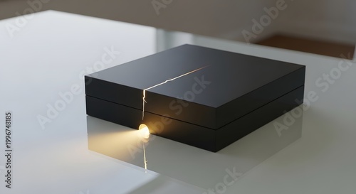A sleek black box sits on a white table with a glowing line.