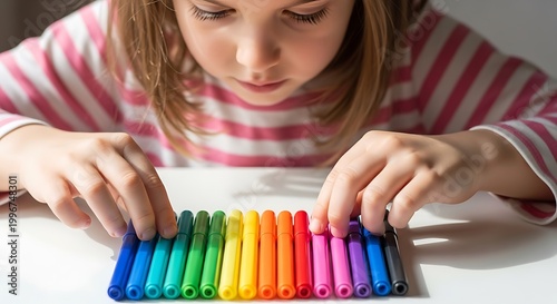 Young girl engaged in creative activity with colorful markers