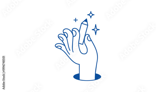 Minimalist blue line art hand holding pencil, creative artist hand emerging from hole, magic drawing and sketching concept vector illustration