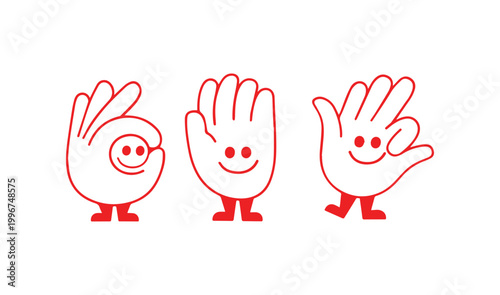 Retro cartoon hand characters with smiley faces, vintage red line art mascot set, funny gloved hand gestures with legs for playful branding