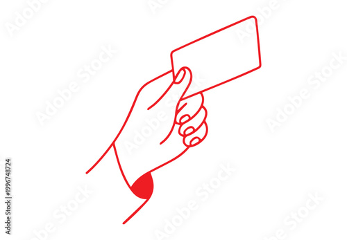 Minimalist red line art of hand holding credit card, simple outline vector of person paying with plastic card, business card mockup illustration