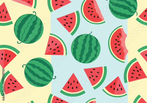 A colorful illustration of watermelon slices and fruits