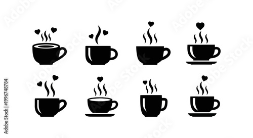 Set of black coffee cup icons featuring heart-shaped steam and various arrangements, ideal for romantic cafe themes or valentine's day designs