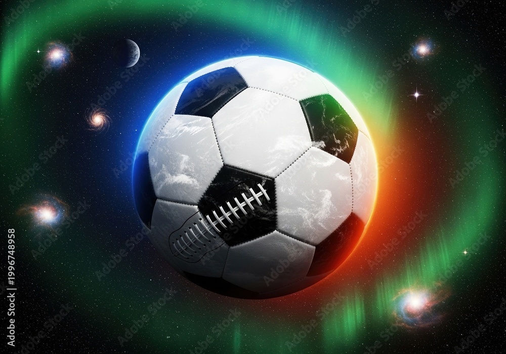 Naklejka premium futuristic soccer ball glowing in cosmic space with vibrant neon light effects